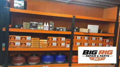 Truck brake parts on shelves at Big Rig Repair & Parts, Clear Brook VA